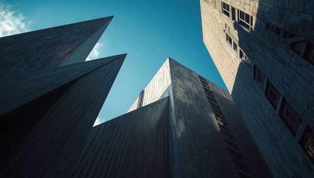 Geometric urban architecture with high-rise concrete buildings