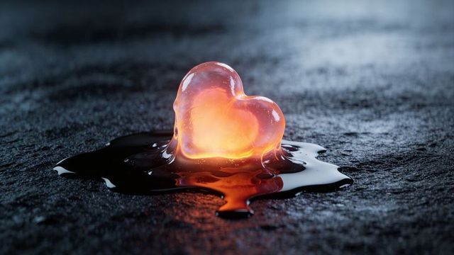 Glowing Molten Glass Heart Melting into Dark Viscous Puddle on Textured Stone Surface