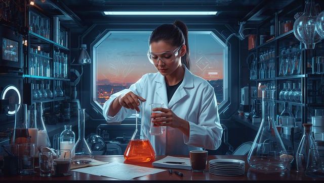Female scientist pouring orange solution between flasks in high-tech lab at dusk
