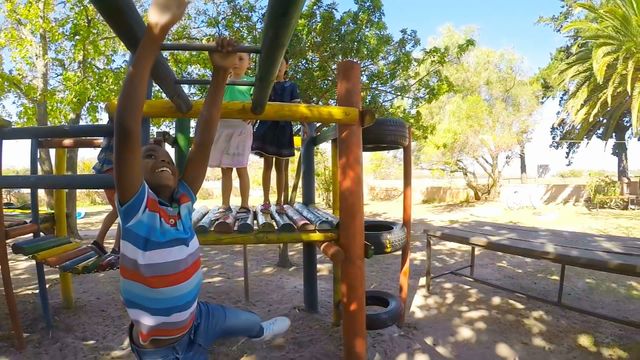 Diverse group of children playing happily on vibrant playground equipment during a sunny day, providing a lively depiction of childhood joy in a natural setting. Ideal for promoting inclusivity in children's products, summer events, or family activities. Perfect for use in educational materials, playground safety features, or community-focused initiatives.