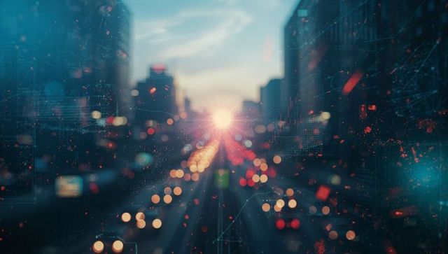 Blurry city street at dusk with data overlay