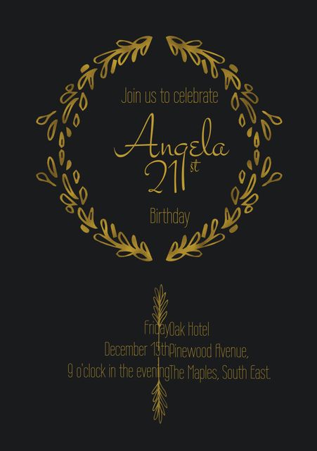 This chic invitation features a golden wreath design on a black background, perfect for a sophisticated 21st birthday celebration or other formal events. Ideal for use by event planners, party organizers, or individuals looking to make their special occasion standout. Customize with names, dates, and venue details to add a personal touch.