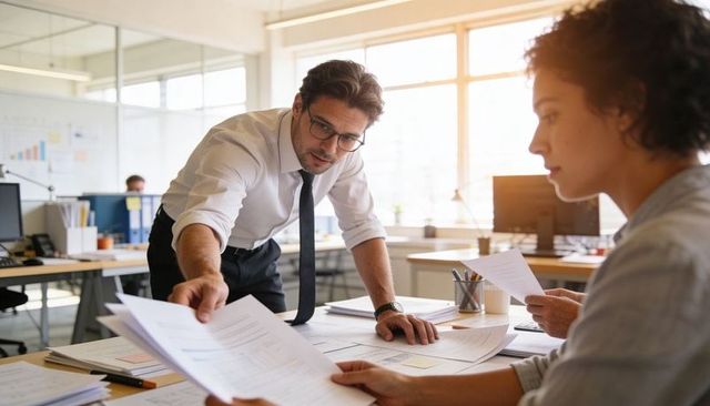 Manager handing reports to colleague during hands-on collaboration in modern open office