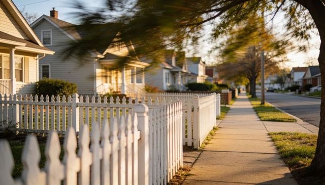 Golden hour sunlight warming white picket fence leading along quiet suburban sidewalk