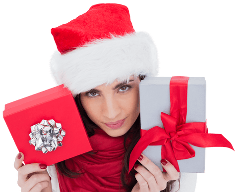 Cheerful Woman Holding Transparent Christmas Gifts With Santa Hat