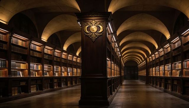 Historic library hall featuring ornate wooden pillar, vaulted arches and golden medallion