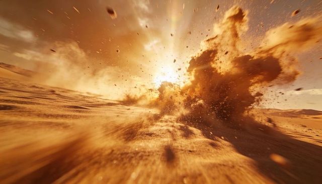 Erupting sand plume backlit by setting sun, rocks and dust scattering across dunes