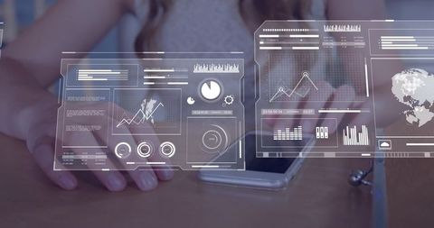 Reviewing AR healthcare analytics dashboard over smartphone with stethoscope on desk