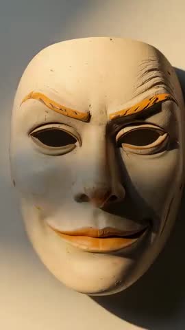 Shifting Light Sweeping Over Painted Plaster Mask Vertical Loop Showing Changing Shadows