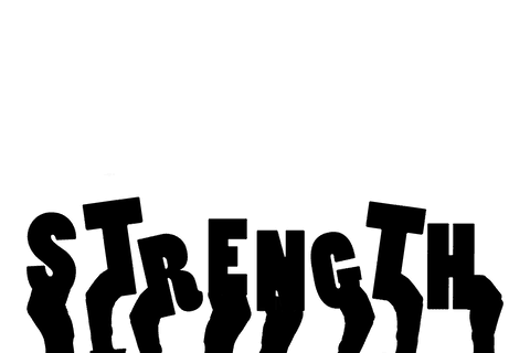 Stylish composition of graphic hands with strength text, transparent effects