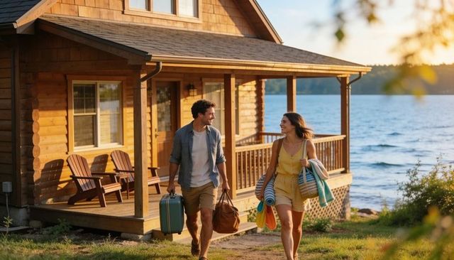 Couple walking to lakeside cabin carrying luggage and beach towels at golden hour