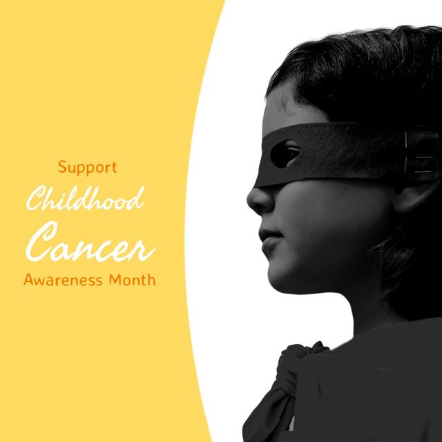 Image highlights importance of Childhood Cancer Awareness Month. Features child silhouette wearing a black superhero mask against a yellow background with supportive text. Suitable for medical campaigns, social media awareness posts, healthcare promotions, charity events, and educational materials to support children battling cancer.