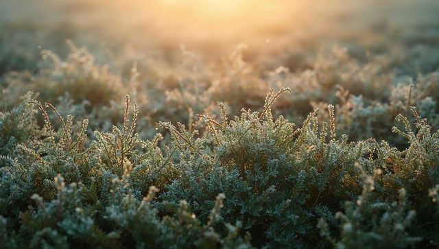 Backlit frosted shrubs at dawn with glistening dew and warm rim light
