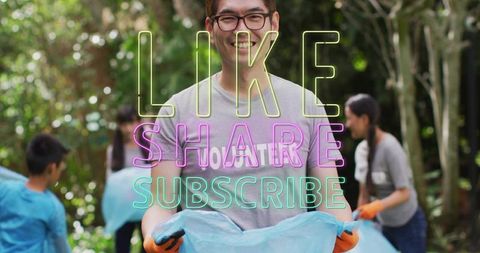 Volunteers picking litter in park holding blue bags smiling with neon like share subscribe