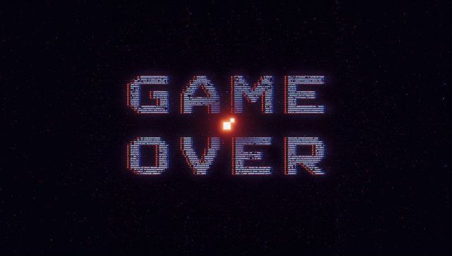 Retro glitch game over neon text with crt scanlines and pixel bloom