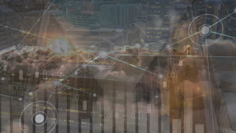 Network Connections and Analytics Overlay on Urban Cityscape