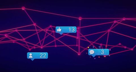 Neon network graph displaying magenta nodes with blue social media badges and digital analytics