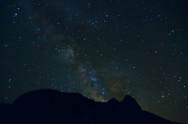This image shows an awe-inspiring Milky Way and countless stars glittering in the night sky over a mountainous silhouette. Perfect for use in projects related to astronomy, space exploration, nature, and outdoor adventure. Great for educational content, inspirational posters, and publications about the beauty of the universe.