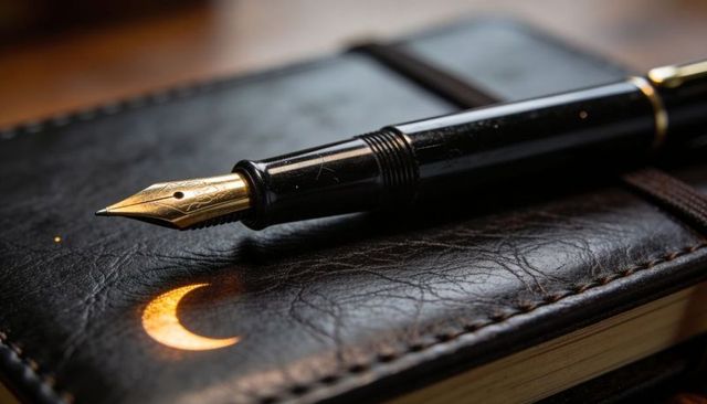 Vintage fountain pen resting on leather journal with gold nib and crescent glow
