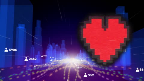 Digital Heart Icon in Virtual Cityscape