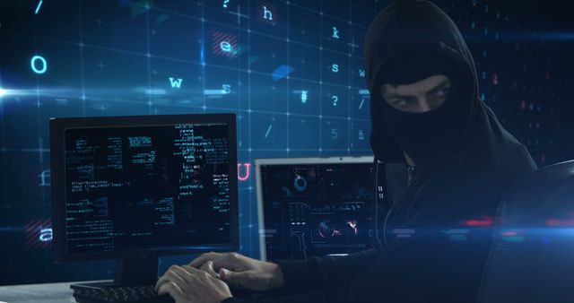 An individual wearing a black hoodie and face mask works on infiltrating systems through multiple computer screens in a dimly lit room filled with digital codes and data visualization. Suitable for articles, blogs, and social media posts about cybersecurity, hacking activities, data breaches, online security measures, and technology-related subjects.