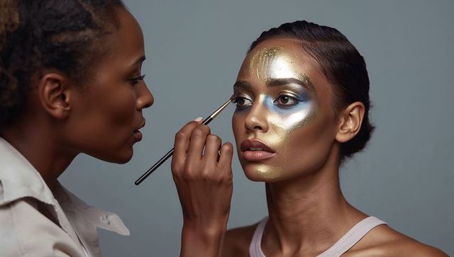 Makeup artist applying metallic gold and blue avant-garde face paint on model face
