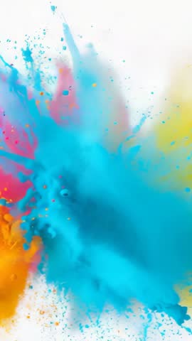 Vertical video capturing erupting cyan, magenta and yellow clouds creating abstract color streaks