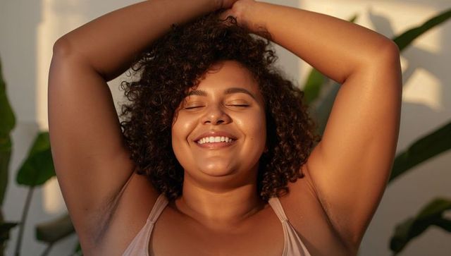 Curly-haired woman smiling and raising arms showing natural underarm hair in sunlight