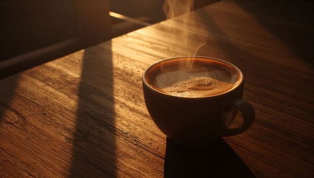 Steaming coffee cup resting on wooden table at sunrise with warm crema and long shadows