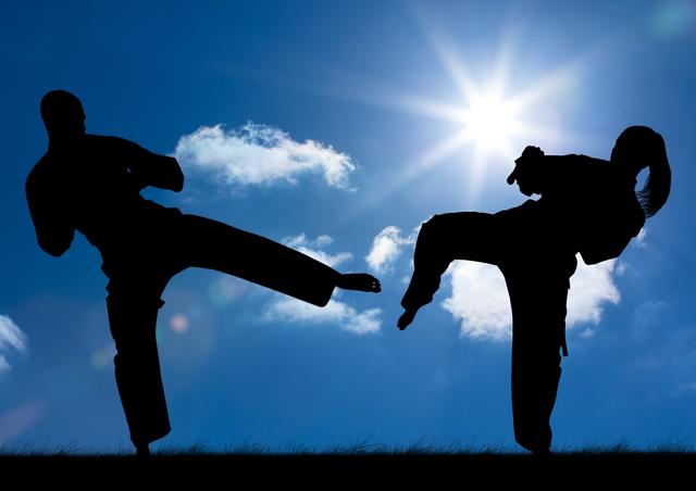 Athletes are practicing karate outside against a bright blue sky with sunshine. This image captures the dynamic movements and intensity of martial arts. Useful for promoting fitness, self-defense classes, martial arts studios, or content about physical training.