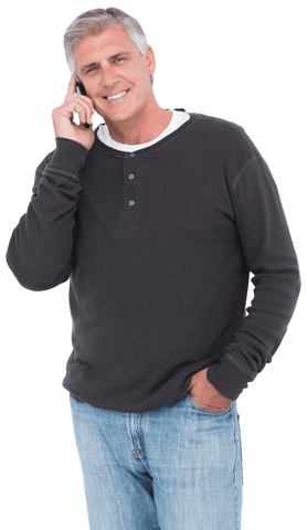 Smiling Mature Man Making Call in Casual Wear Transparent Background
