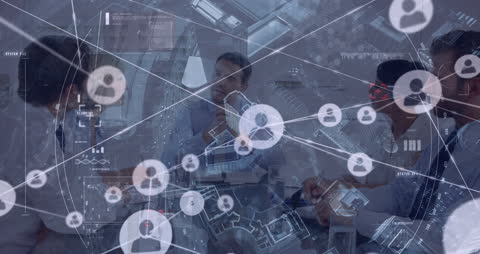 Diverse Team Discussing Technology Concepts with Global Network Overlay