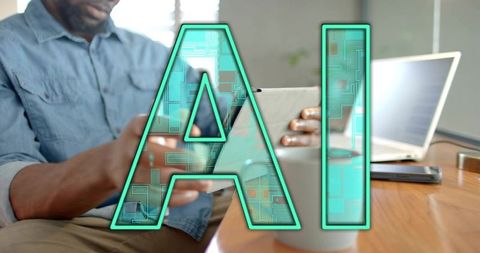 Man tapping tablet and smartphone at desk with ai graphic overlay and laptop