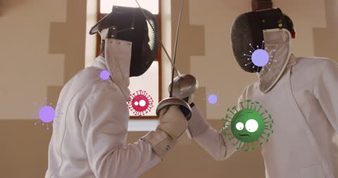 Fencers Facing Off Amid Animated Viruses in Sports Concept