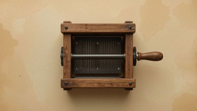 Vintage wooden wringer with metal rollers on workshop wall