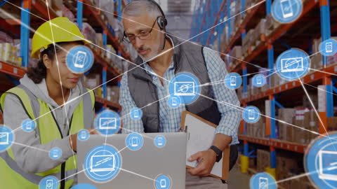 Warehouse Team Analyzing Logistics with Advanced Technology