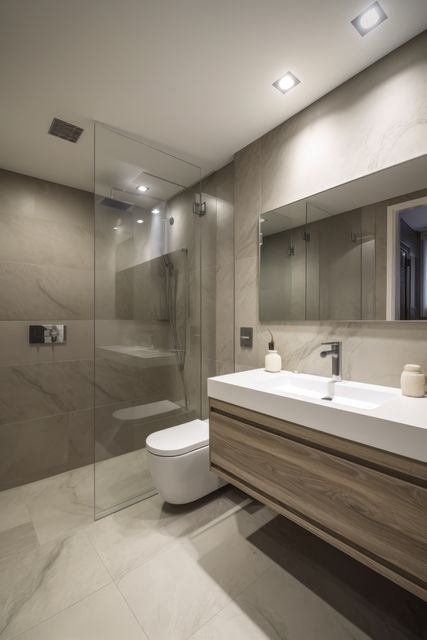 Modern bathroom in pale grey marble with shower wet room, created using generative ai technology. Interior design and contemporary home decoration, digitally generated image.