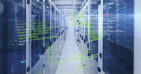 Modern data center corridor with holographic code overlay