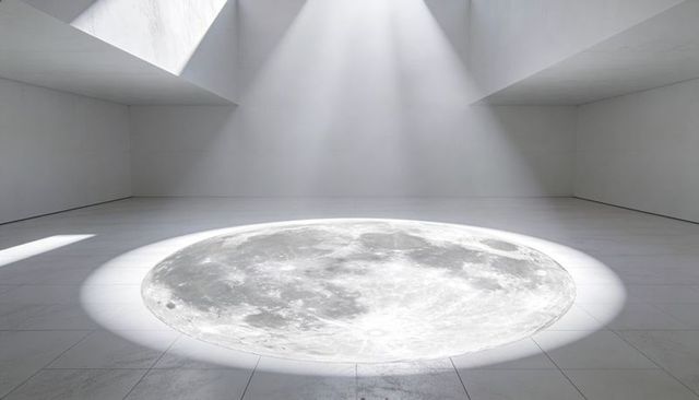 Moon Projection Casting Crater Shadows on Minimalist Gallery Floor under Skylight Beams