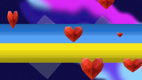 Red Hearts Animated Over Ukrainian Flag Background