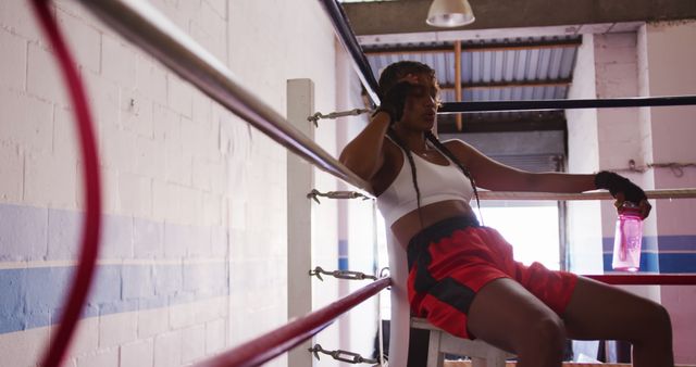 Exhausted Female Boxer Resting in Gym Corner After Training Session - Download Free Stock Images Pikwizard.com