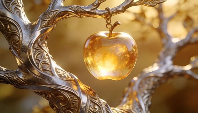 Hanging glowing amber apple pendant on ornate filigree metal branch with golden bokeh