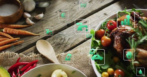 Featuring rustic roasted chicken salad on farmhouse table with produce and nutrition icons