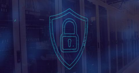 Cyber security shield with padlock overlay on server room