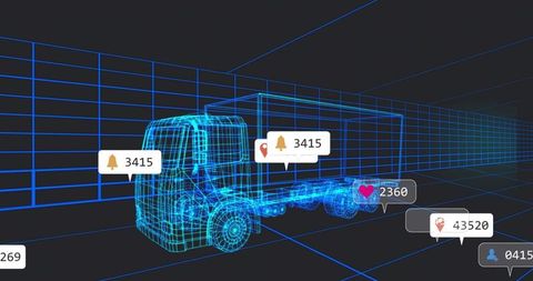 Futuristic Wireframe Truck in Digital 3D Grid with Floating Interface Icons
