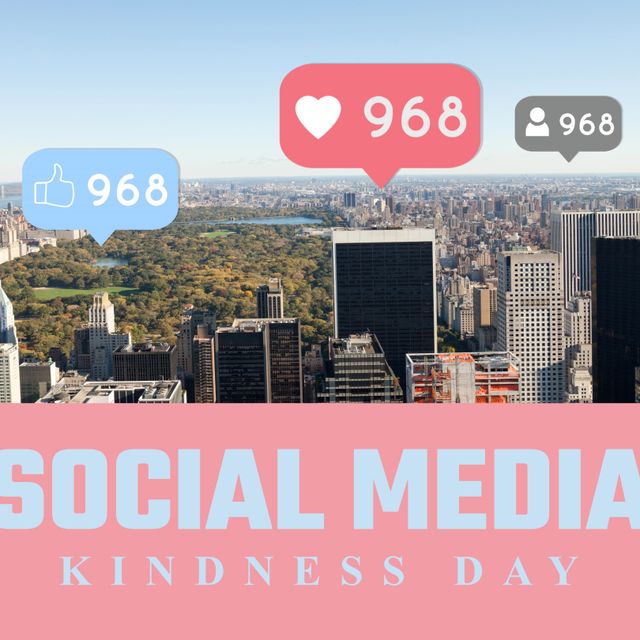 Social media kindness day text, social media icons, aerial view of cityscape with modern skyscrapers. Composite, city, building, heart, like, profile, online community, promote, global communication.