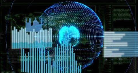Pulsing 3d digital globe with cyan core overlaying interactive analytics dashboard