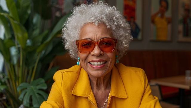 Stylish Senior Woman Joyfully Sits at Cafe in Vibrant Attire