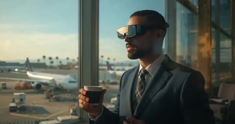 Tech-Savvy Man Using AR in Modern Airport Lounge with Coffee