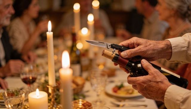 Opening wine with folding corkscrew during intimate candlelit dinner gathering